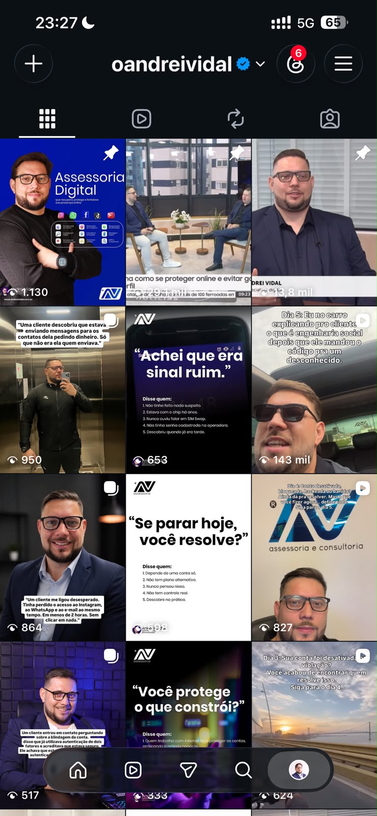 Captura do perfil @oandreividal com conteúdos de Andrei sobre segurança e recuperação de redes sociais