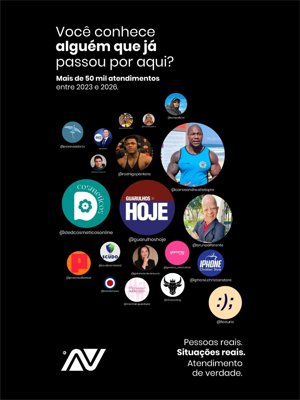 Material institucional da AV com perfis e marcas apresentados como clientes, incluindo Bruno Diferente, Rodrigo Pantera e Guarulhos Hoje